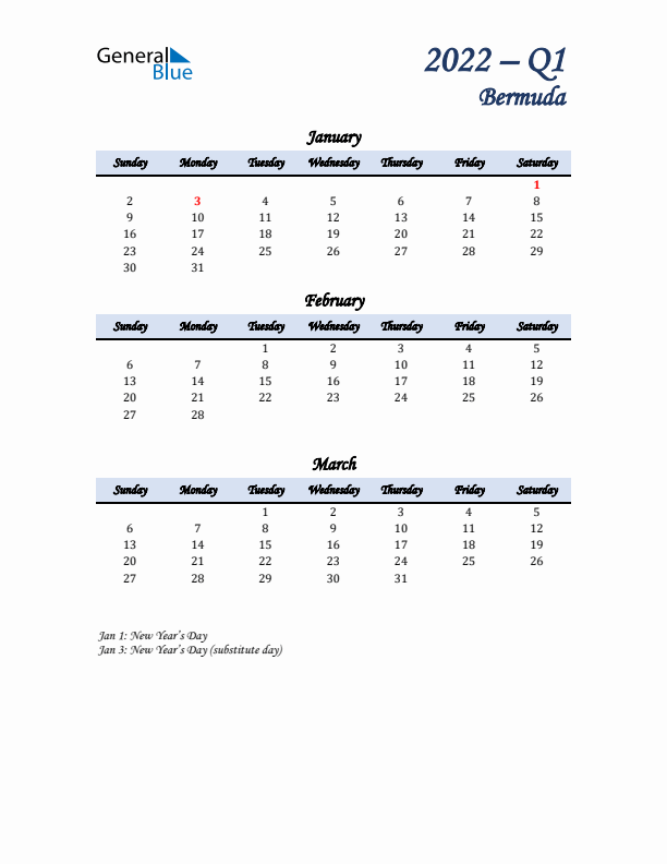 January, February, and March Calendar for Bermuda with Sunday Start