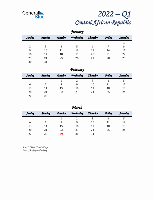 January, February, and March Calendar for Central African Republic with Sunday Start