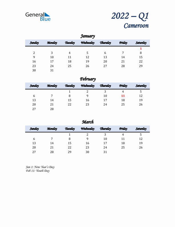 January, February, and March Calendar for Cameroon with Sunday Start