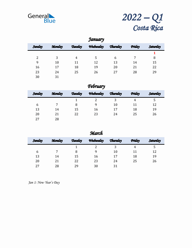 January, February, and March Calendar for Costa Rica with Sunday Start