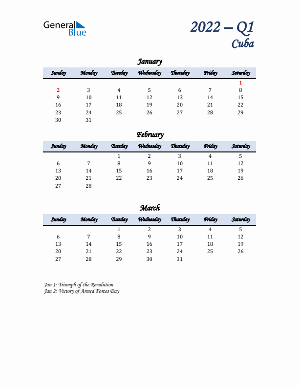 January, February, and March Calendar for Cuba with Sunday Start