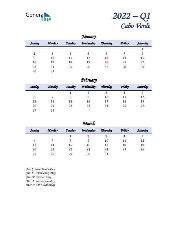 January, February, and March Calendar for Cabo Verde with Sunday Start