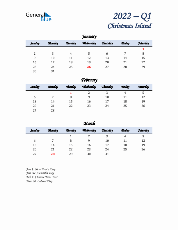 January, February, and March Calendar for Christmas Island with Sunday Start