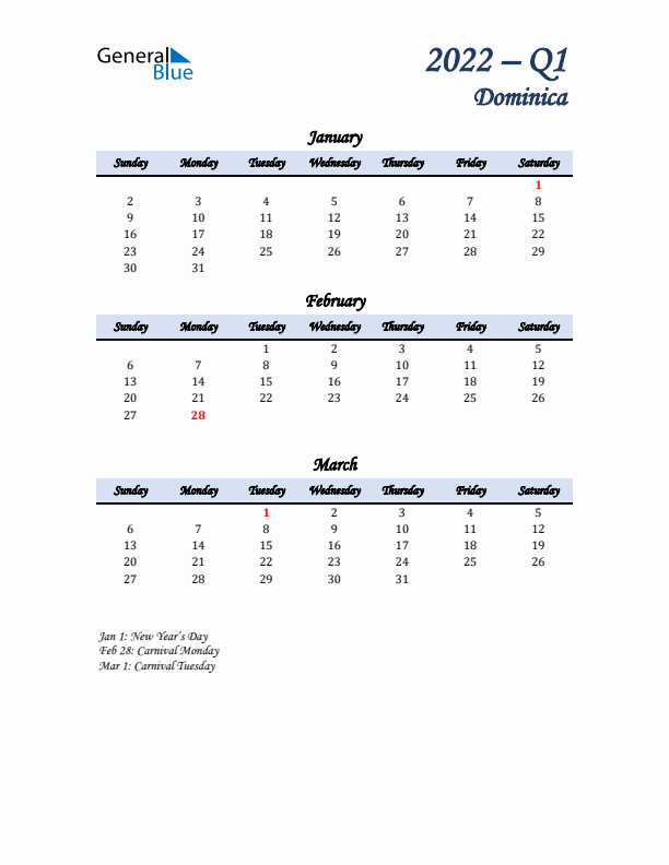 January, February, and March Calendar for Dominica with Sunday Start