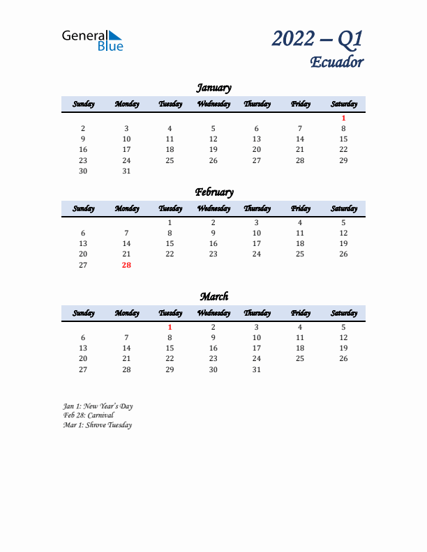 January, February, and March Calendar for Ecuador with Sunday Start