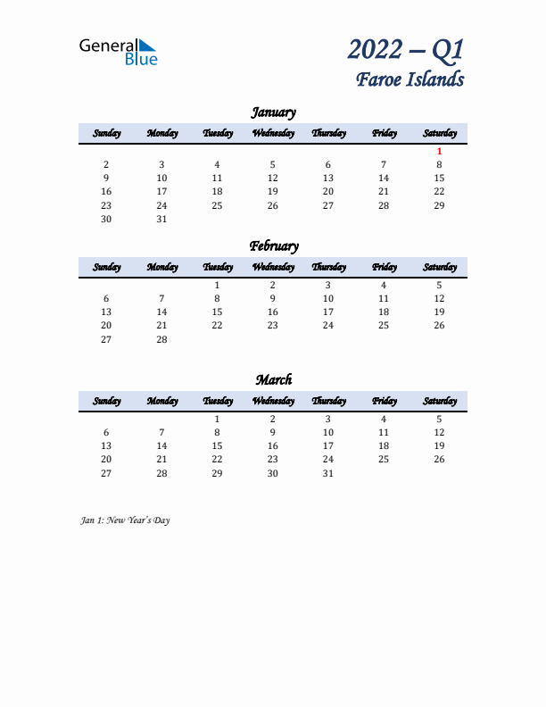 January, February, and March Calendar for Faroe Islands with Sunday Start