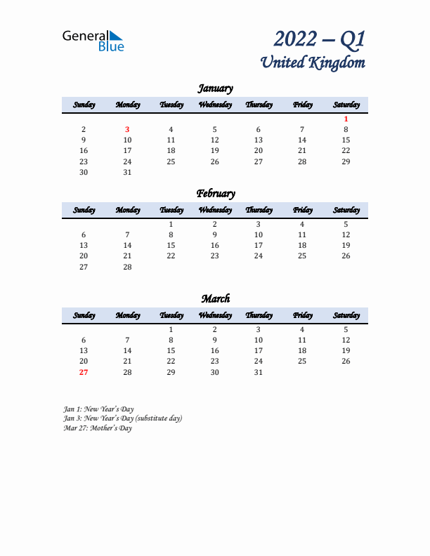 January, February, and March Calendar for United Kingdom with Sunday Start