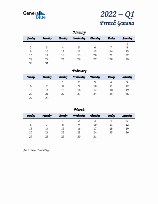 January, February, and March Calendar for French Guiana with Sunday Start