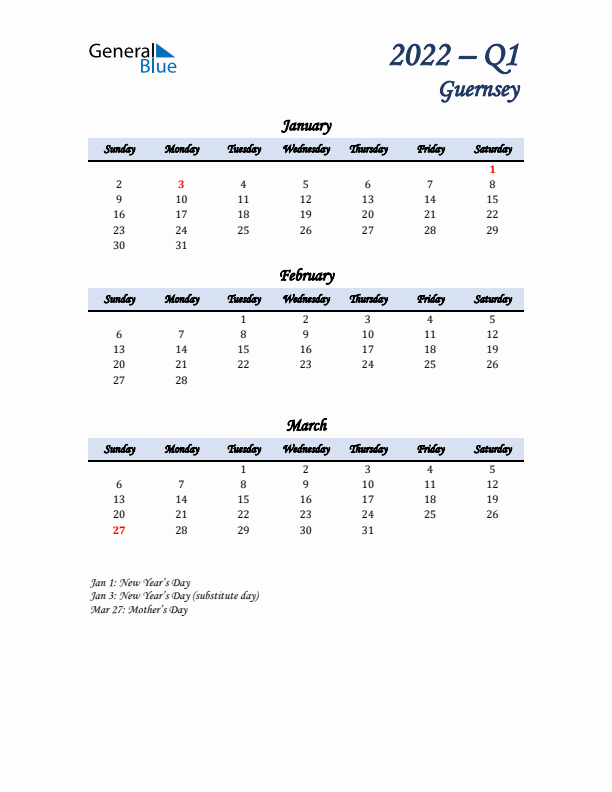 January, February, and March Calendar for Guernsey with Sunday Start