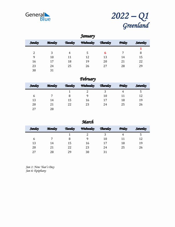 January, February, and March Calendar for Greenland with Sunday Start