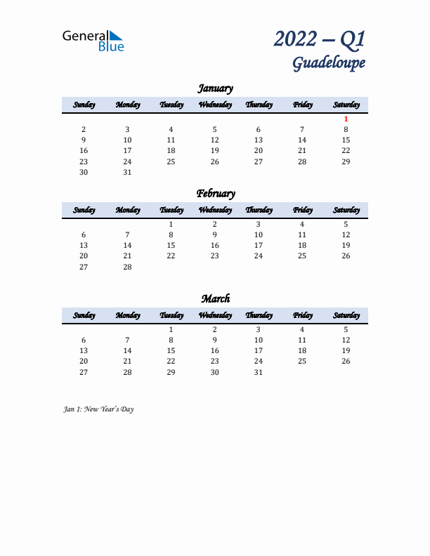 January, February, and March Calendar for Guadeloupe with Sunday Start