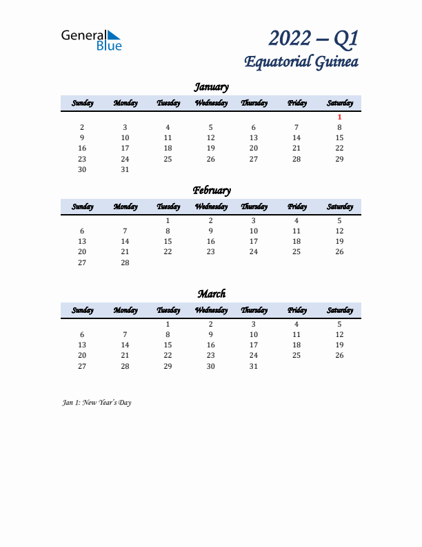 January, February, and March Calendar for Equatorial Guinea with Sunday Start