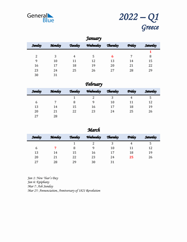 January, February, and March Calendar for Greece with Sunday Start