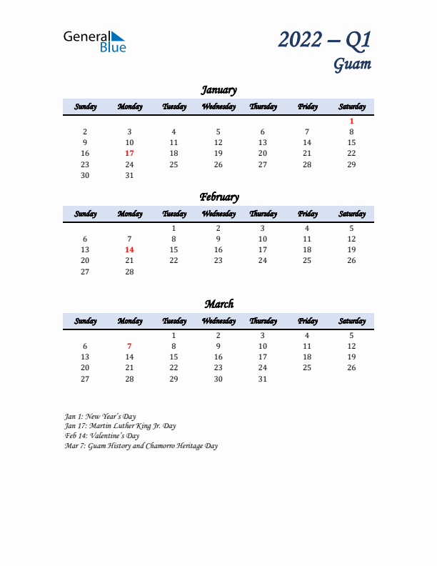 January, February, and March Calendar for Guam with Sunday Start