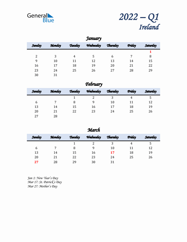 January, February, and March Calendar for Ireland with Sunday Start