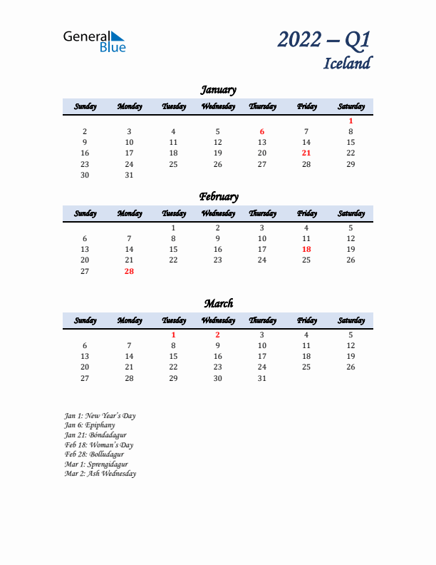 January, February, and March Calendar for Iceland with Sunday Start