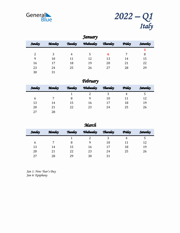 January, February, and March Calendar for Italy with Sunday Start