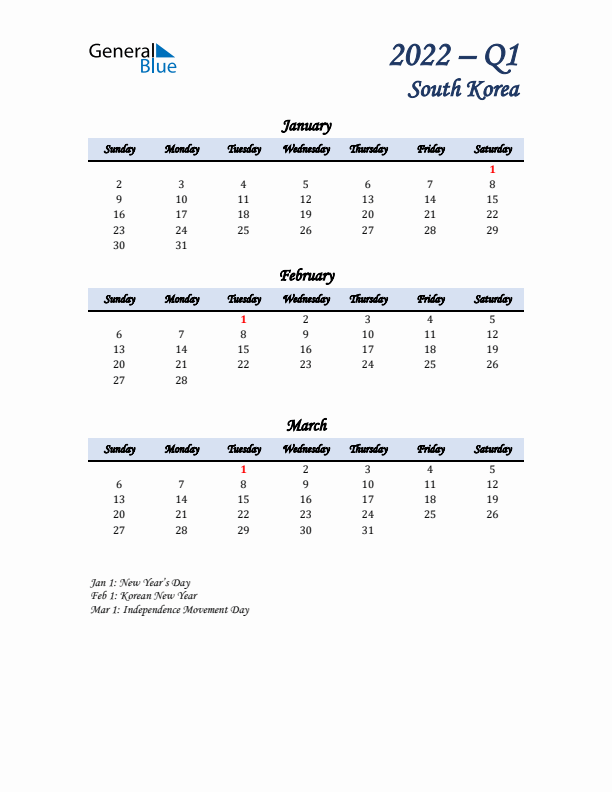 January, February, and March Calendar for South Korea with Sunday Start