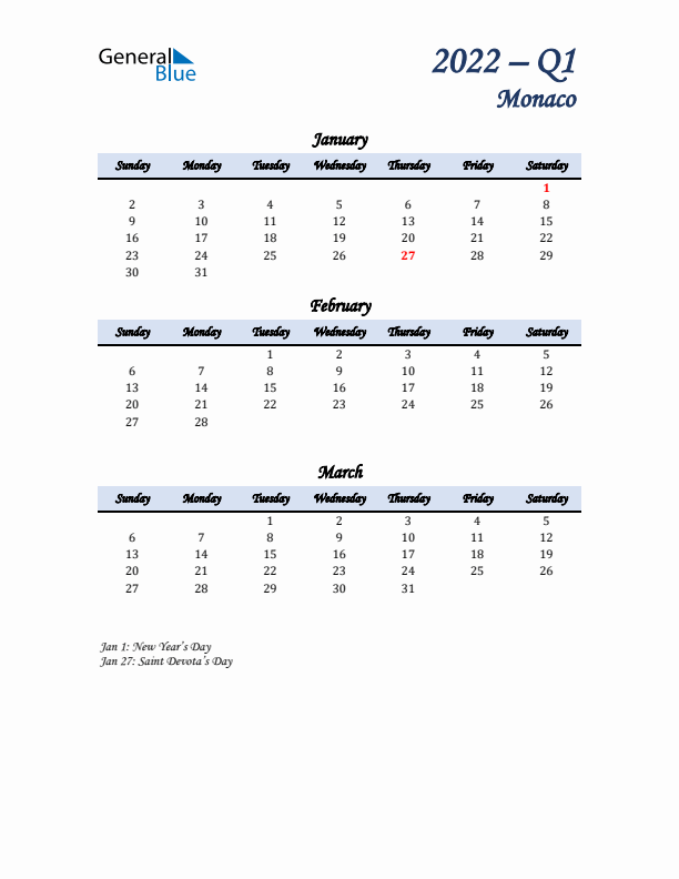 January, February, and March Calendar for Monaco with Sunday Start