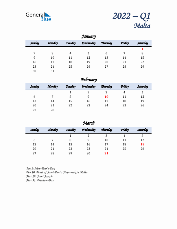 January, February, and March Calendar for Malta with Sunday Start