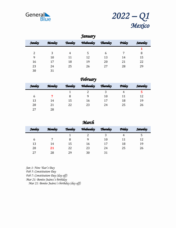 January, February, and March Calendar for Mexico with Sunday Start