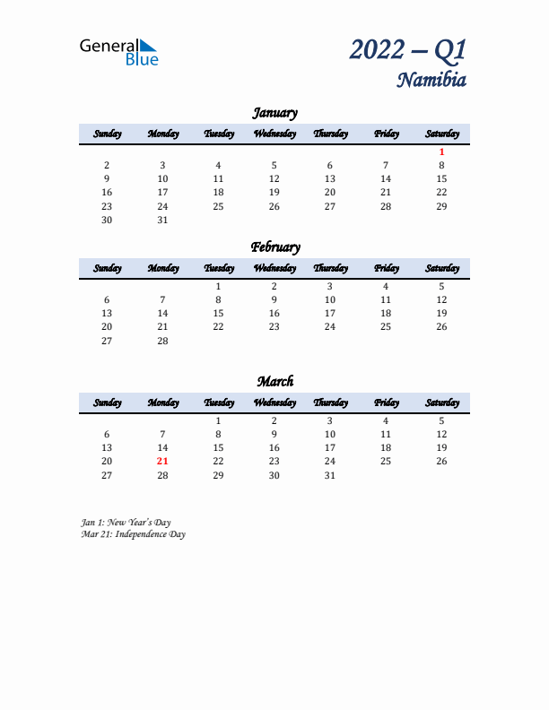 January, February, and March Calendar for Namibia with Sunday Start