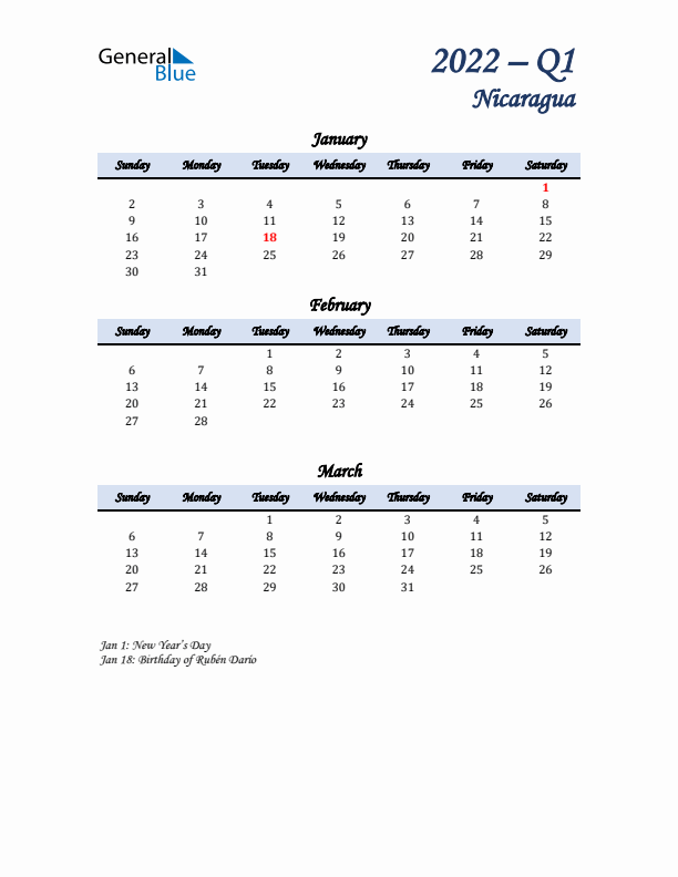 January, February, and March Calendar for Nicaragua with Sunday Start