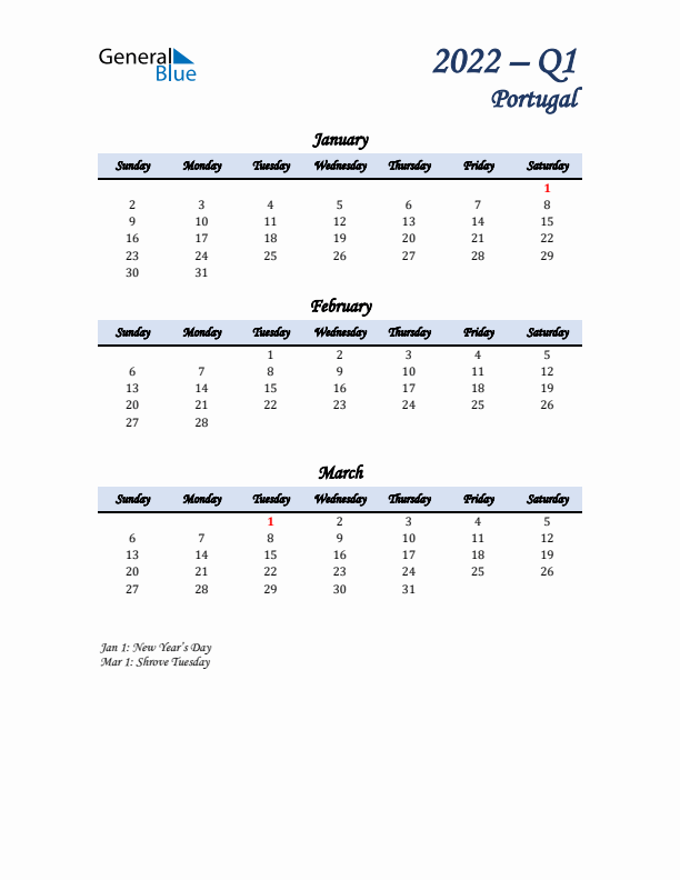 January, February, and March Calendar for Portugal with Sunday Start