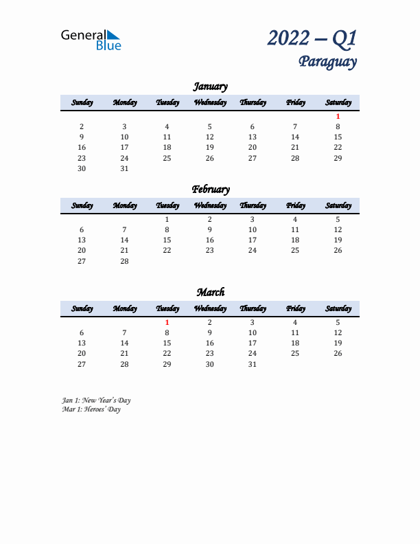 January, February, and March Calendar for Paraguay with Sunday Start