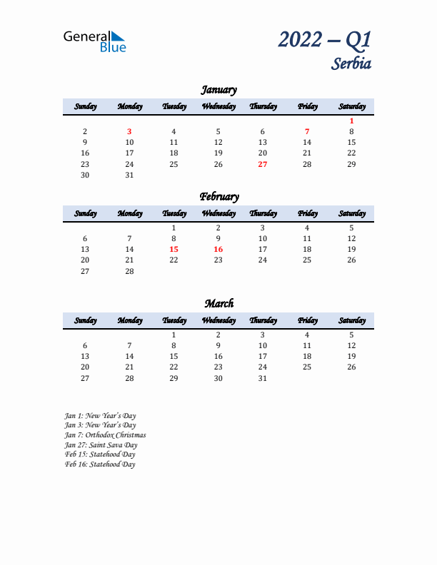 January, February, and March Calendar for Serbia with Sunday Start