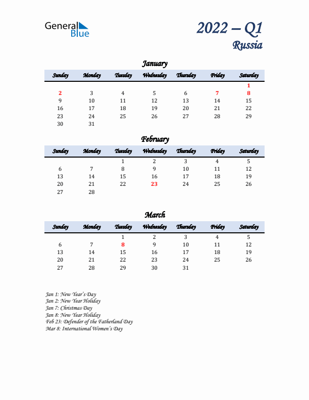 January, February, and March Calendar for Russia with Sunday Start