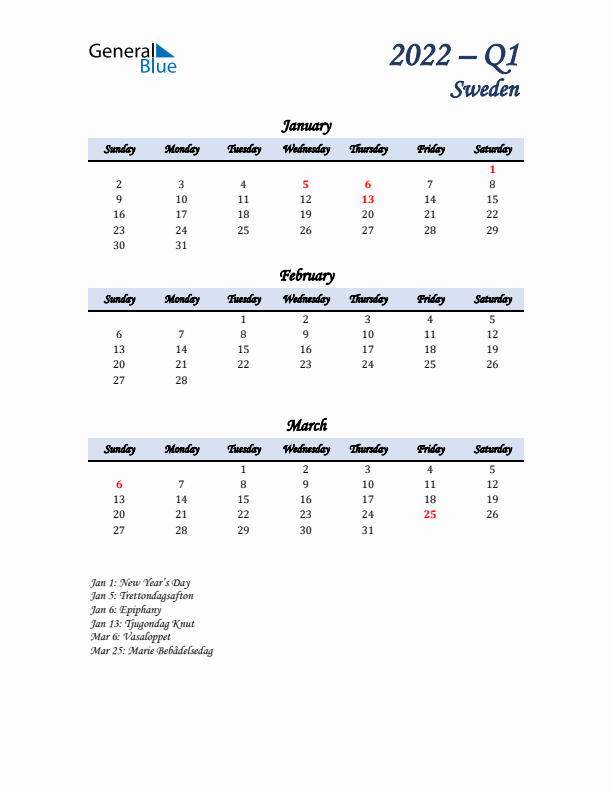 January, February, and March Calendar for Sweden with Sunday Start