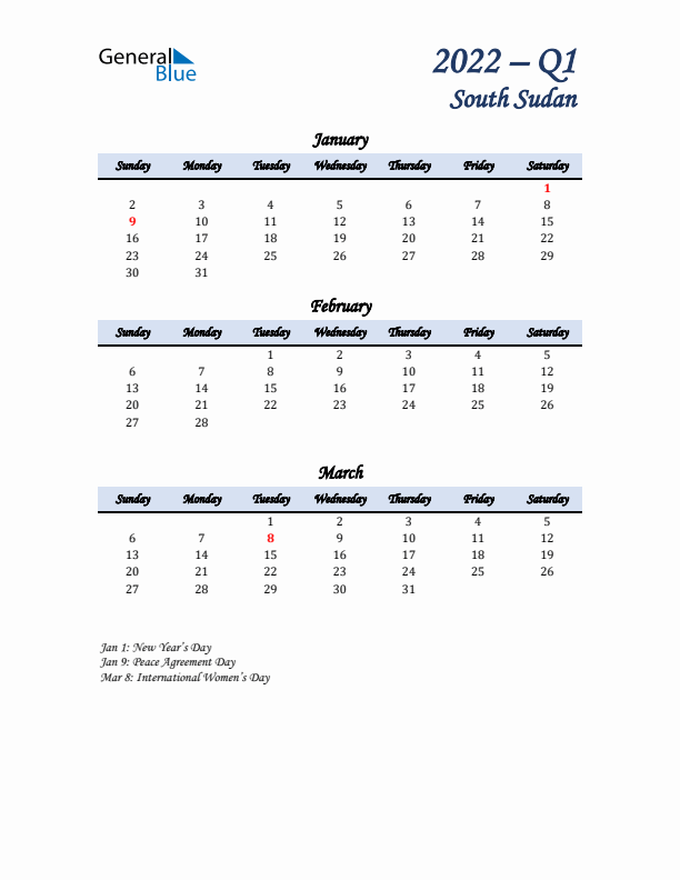 January, February, and March Calendar for South Sudan with Sunday Start