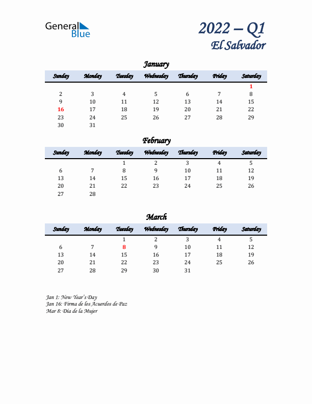 January, February, and March Calendar for El Salvador with Sunday Start