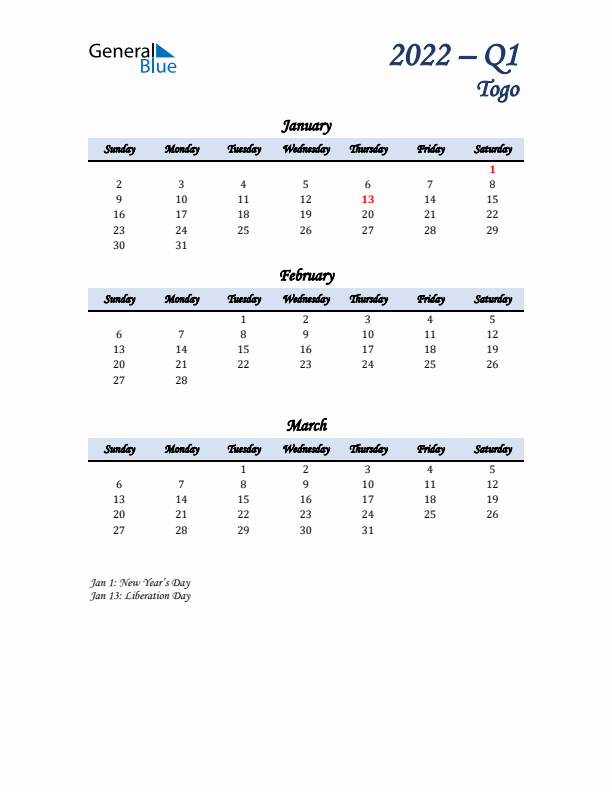 January, February, and March Calendar for Togo with Sunday Start