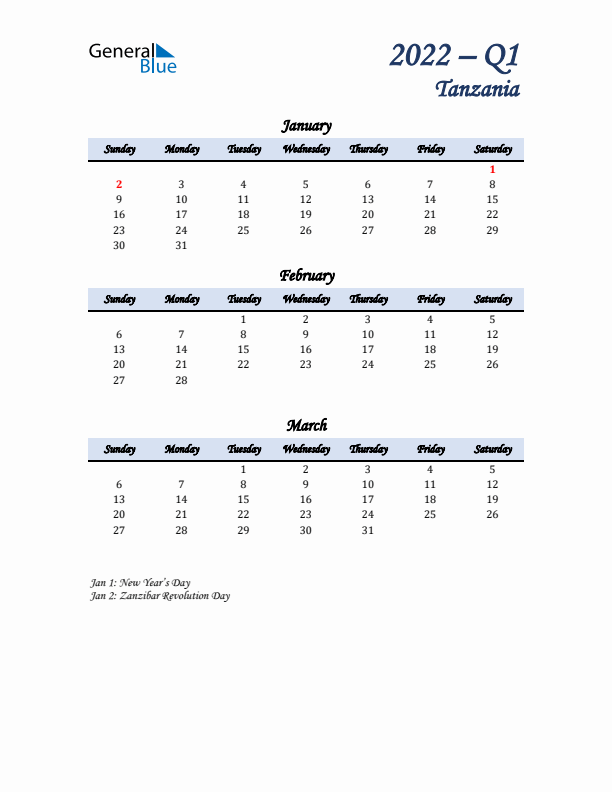 January, February, and March Calendar for Tanzania with Sunday Start