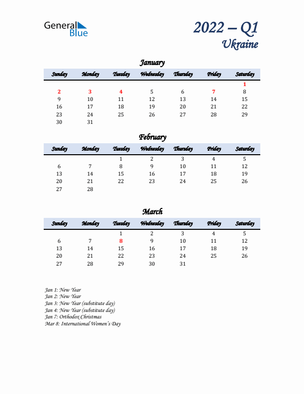 January, February, and March Calendar for Ukraine with Sunday Start