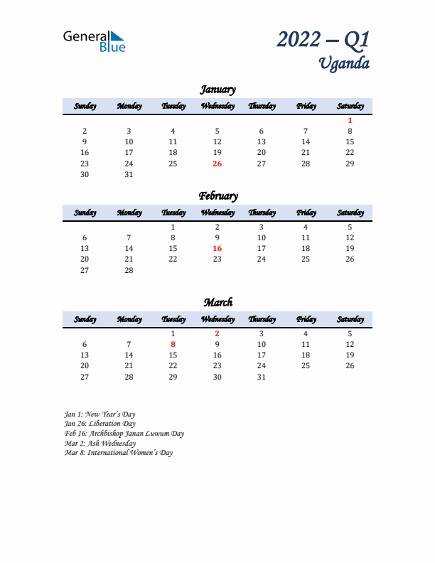 January, February, and March Calendar for Uganda with Sunday Start