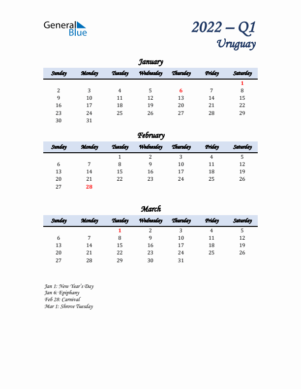 January, February, and March Calendar for Uruguay with Sunday Start