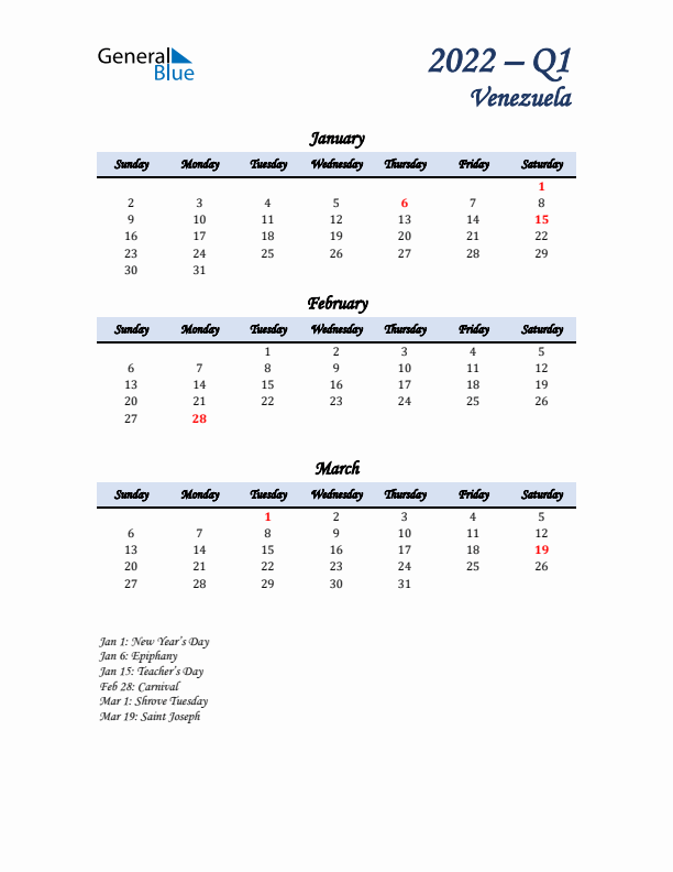 January, February, and March Calendar for Venezuela with Sunday Start