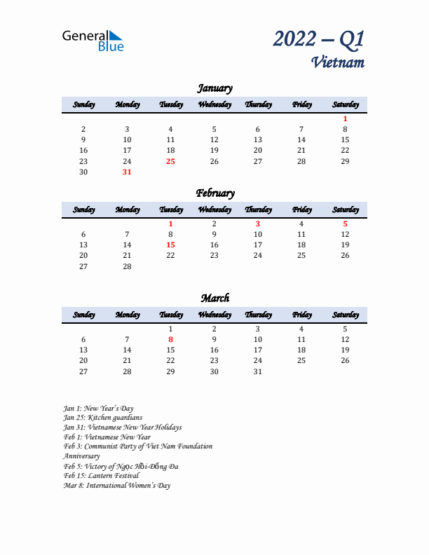 January, February, and March Calendar for Vietnam with Sunday Start