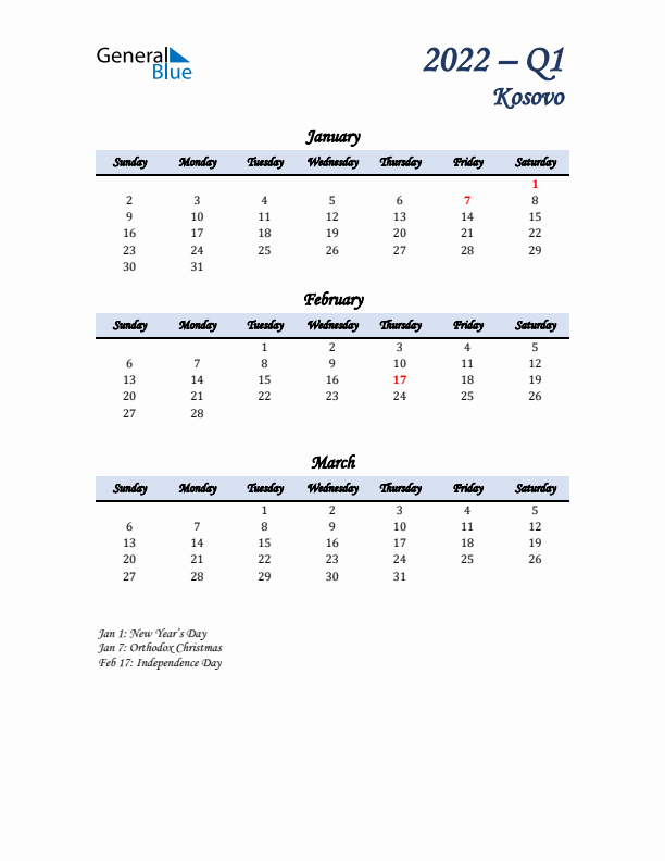 January, February, and March Calendar for Kosovo with Sunday Start