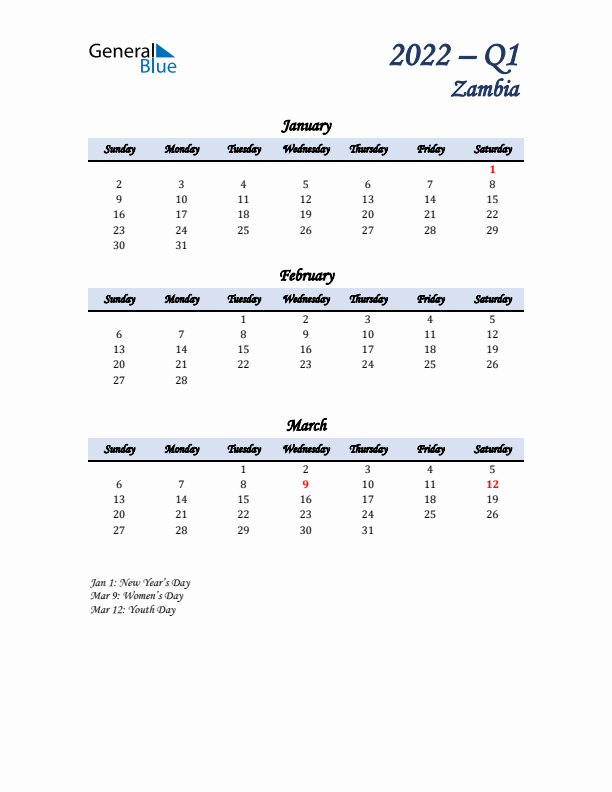 January, February, and March Calendar for Zambia with Sunday Start