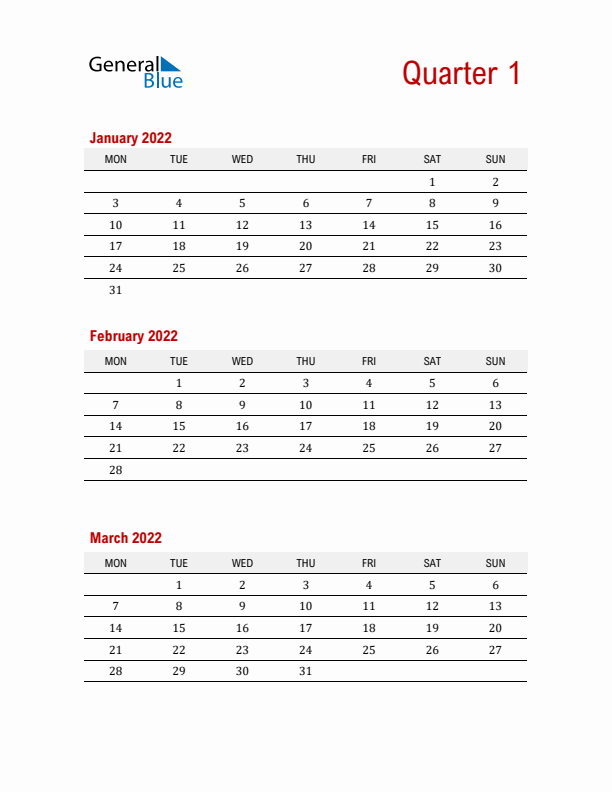 Three-Month Printable Calendar 2022