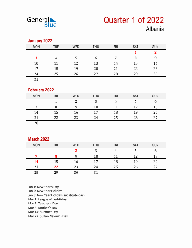 Printable Three Month Calendar with Albania Holidays