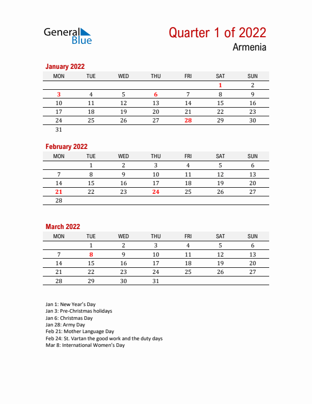 Printable Three Month Calendar with Armenia Holidays