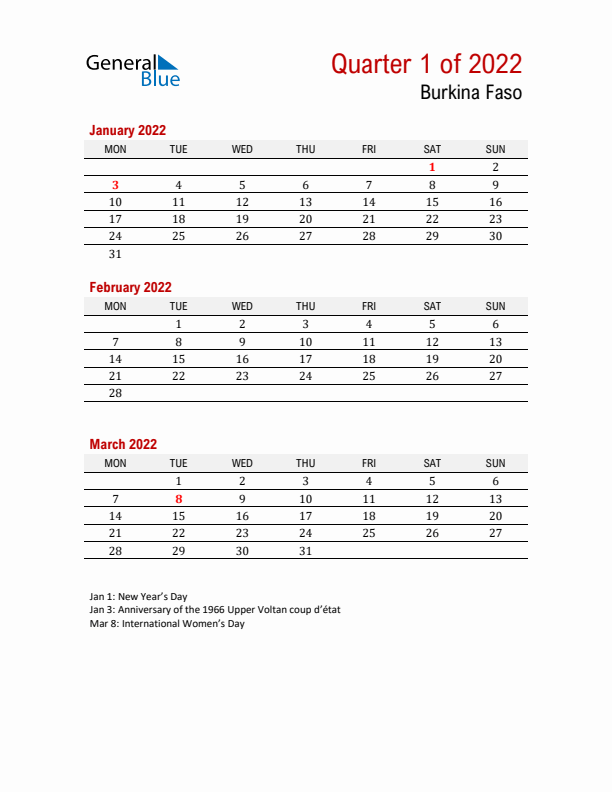 Printable Three Month Calendar with Burkina Faso Holidays