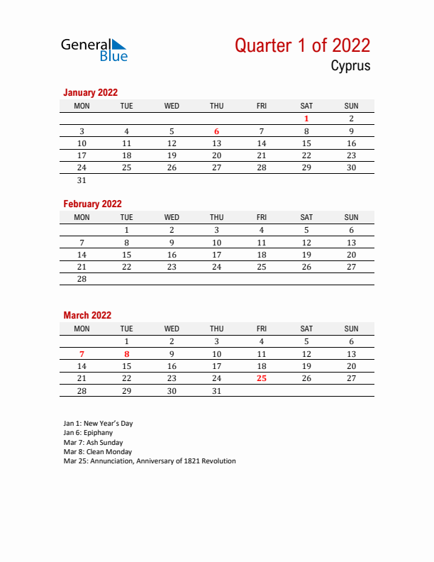 Printable Three Month Calendar with Cyprus Holidays