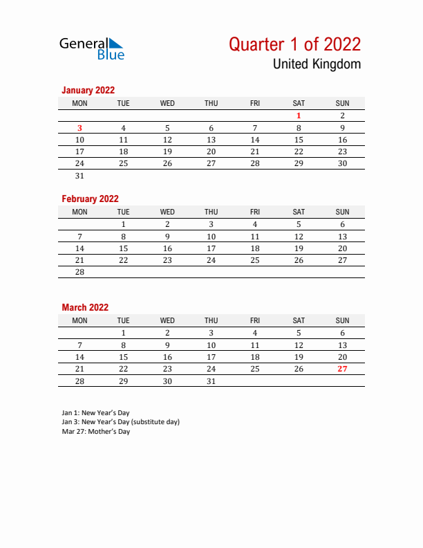 Printable Three Month Calendar with United Kingdom Holidays