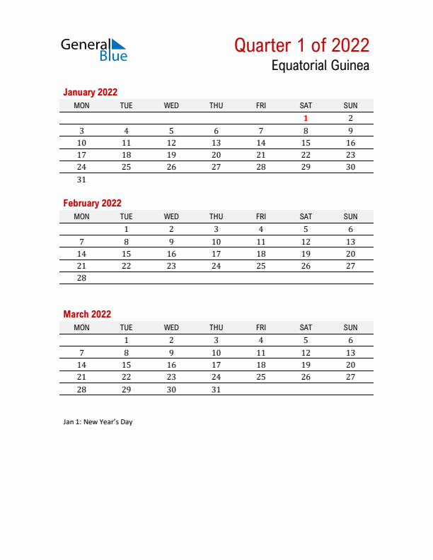 Printable Three Month Calendar with Equatorial Guinea Holidays